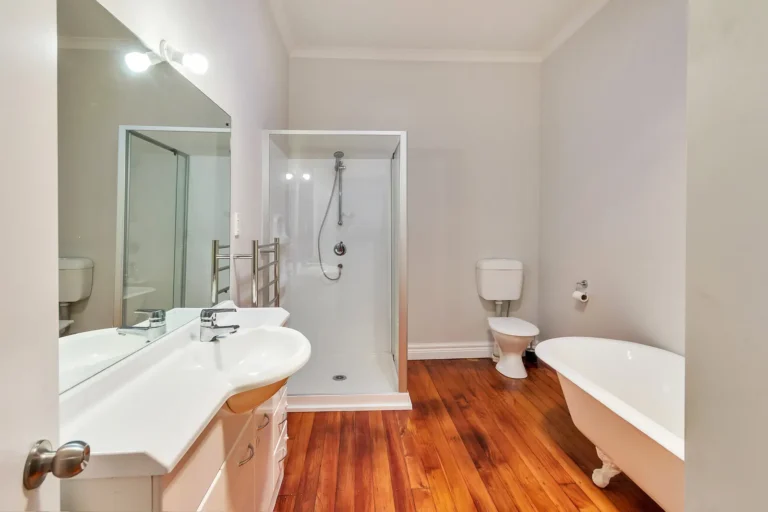 Bathroom with clawfoot bath, Renovation and minor dwelling, Conifer Grove
