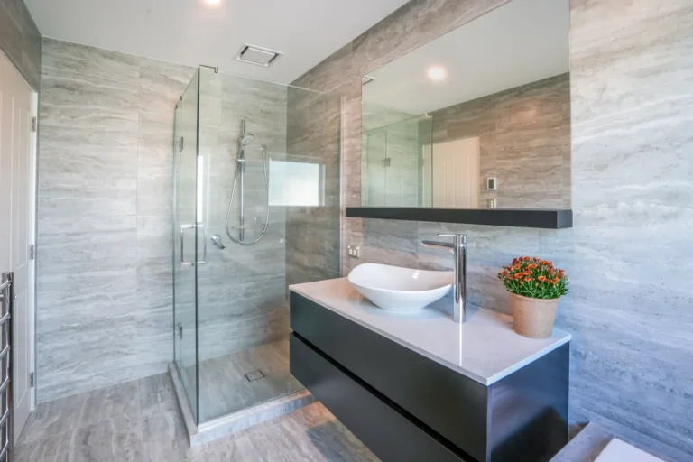 Ensuite with floor to ceiling tiles, Two brick homes, Ellerslie