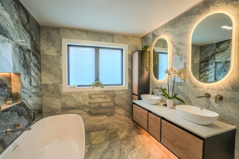 Bathroom with backlit mirrors, Architectural home, Franklin