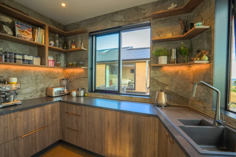 Scullery with timber shelves and LED lighting, Architectural home, Franklin