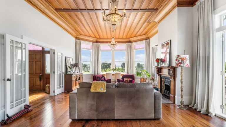 Lounge under the timber ceiling, The Huntly House, Clarks Beach