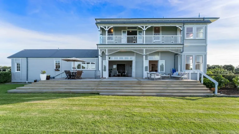 Rear lawn and decks, The Huntly House, Clarks Beach