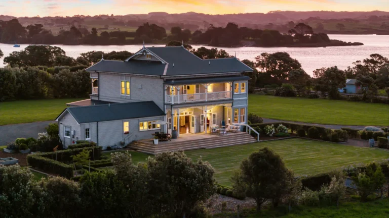 The Huntly House from the air at dusk