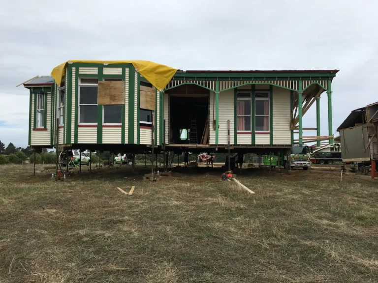 The villa on blocks after the move, The Huntly House, Clarks Beach
