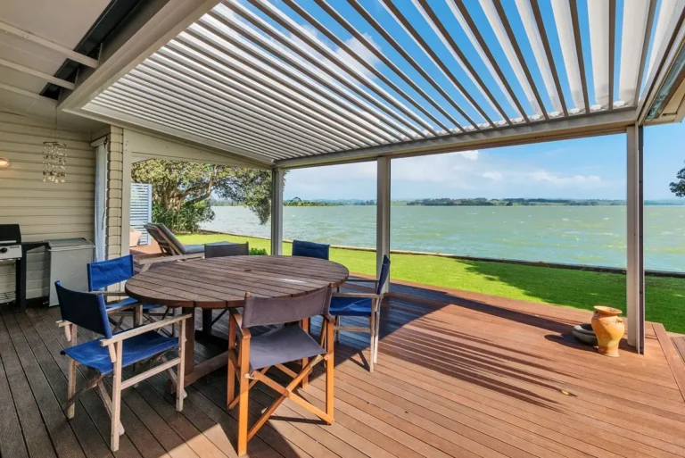 Covered deck with harbour view, Waterfront home, Manukau Harbour