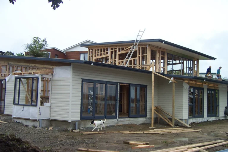 Framing going up, Waterfront home, Manukau Harbour
