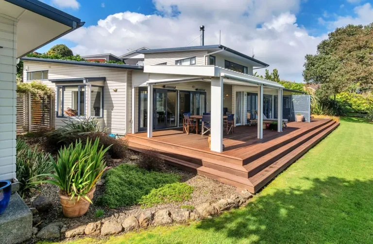 Sweeping kwila decks, Waterfront home, Manukau Harbour