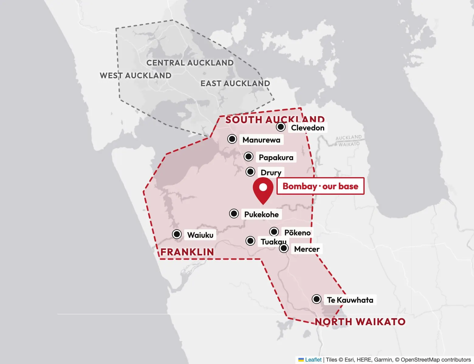 Map of South Auckland, Franklin and North Waikato, plus Central, East and West Auckland