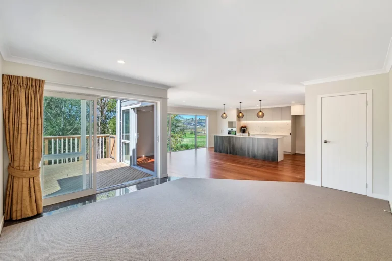 Living room opening to the deck, Design and build, Pōkeno