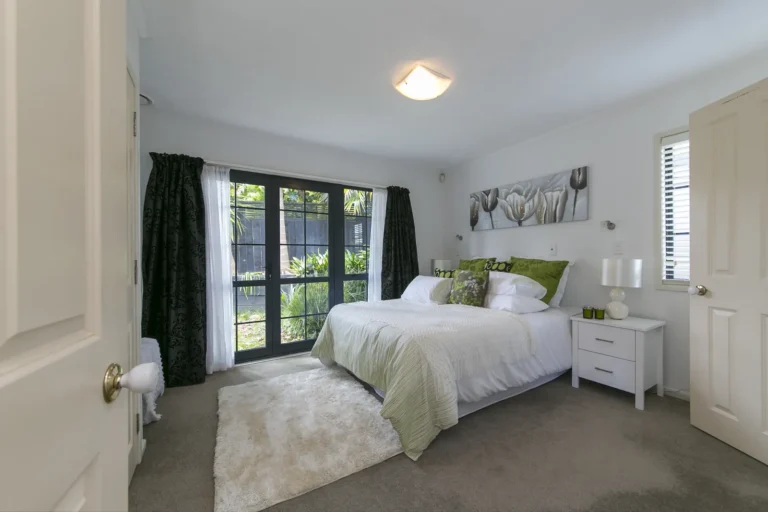 Bedroom with garden doors, Four bedroom home, Auckland